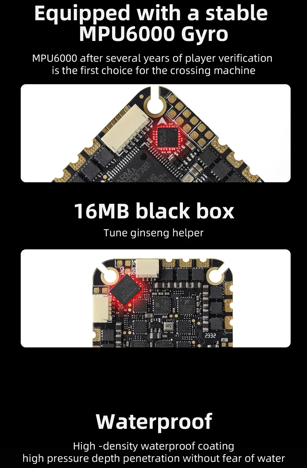 Close-up callouts of MPU6000 gyro area, 16MB blackbox memory, and conformal waterproof coating on the AIO board