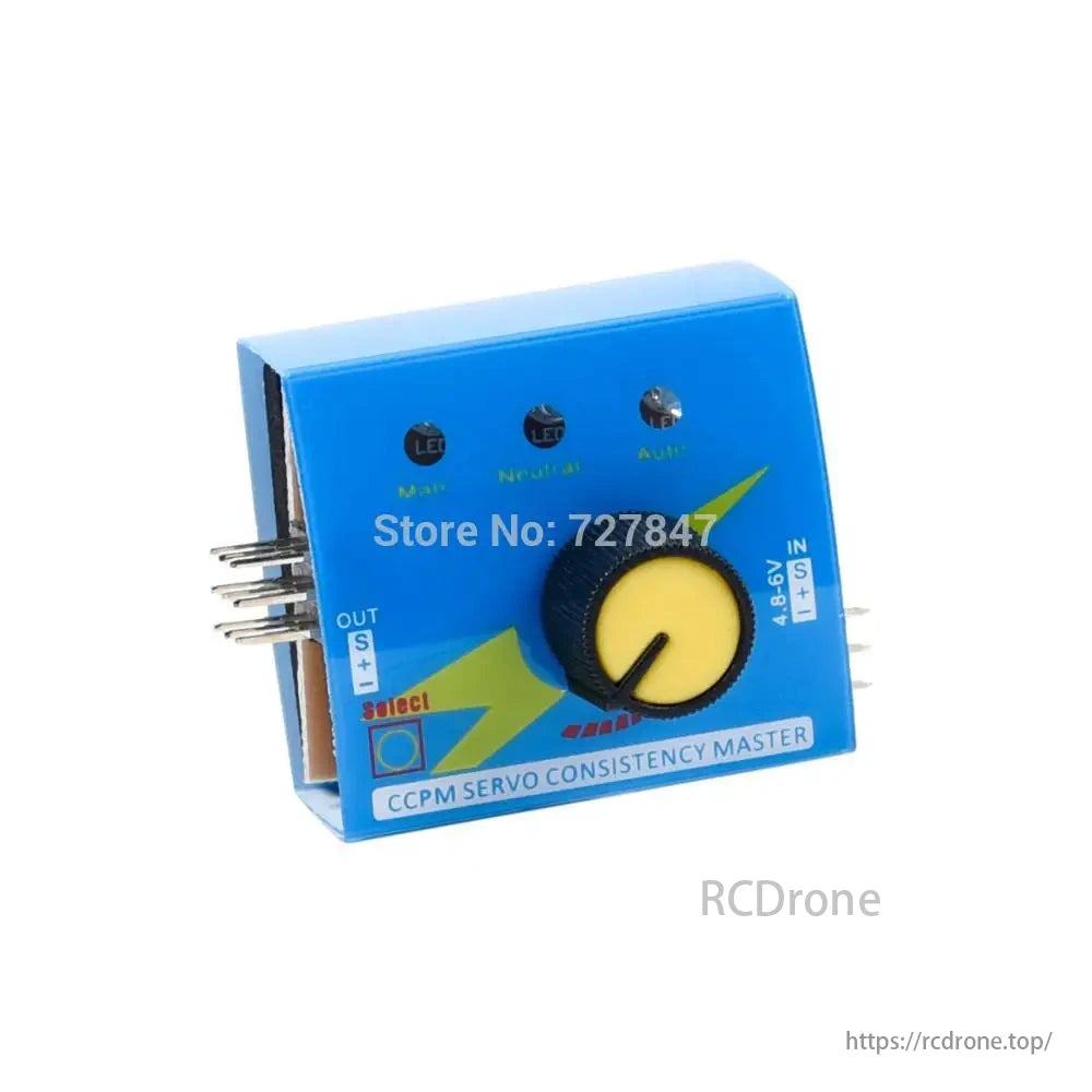 CCPM Servo Consistency Master features adjustable knob, input/output terminals, and LED indicators for RC aircraft.