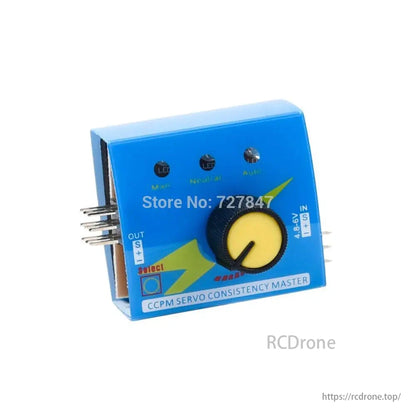 CCPM Servo Consistency Master features adjustable knob, input/output terminals, and LED indicators for RC aircraft.