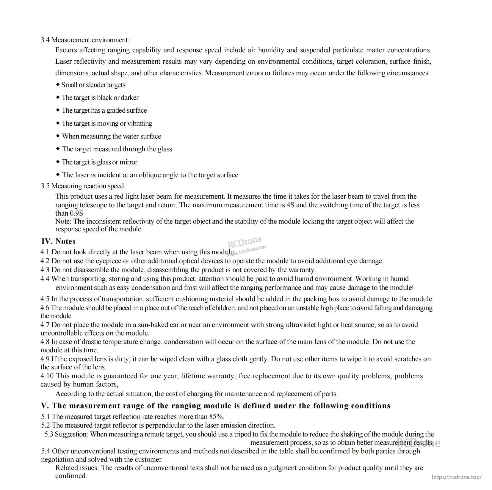 High Precision Laser Distance Measuring Module, Laser distance module offers high precision in stable conditions; accuracy affected by humidity, surface, and reflectivity. Use tripod, avoid extremes. Includes safety, warranty, and support details.