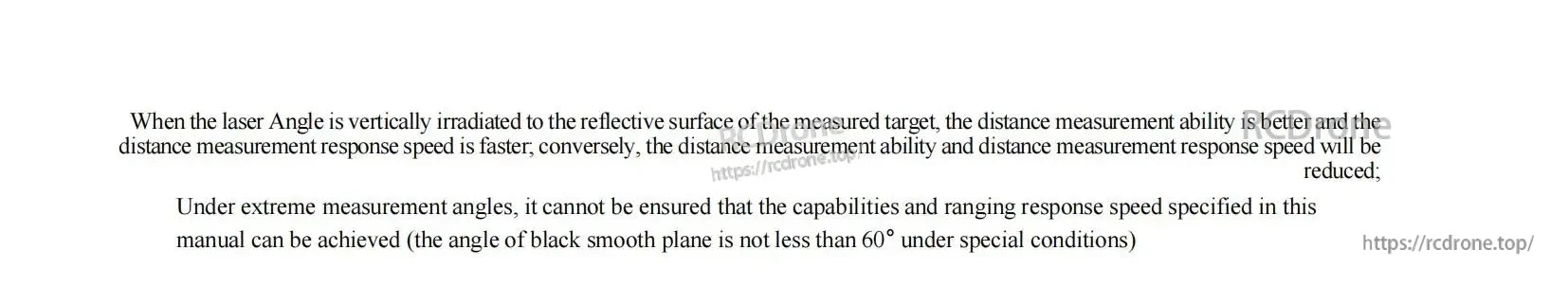 High Precision Laser Distance Measuring Module, Laser must be perpendicular to reflective surfaces for best accuracy; extreme angles reduce performance; black smooth surfaces need ≥60° angle in special cases.
