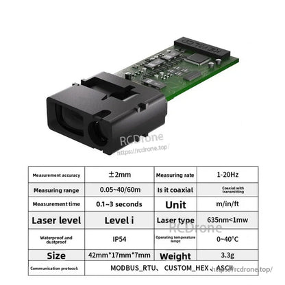 High Precision Laser Distance Measuring Module, Miniature laser sensor: ±2mm accuracy, 0.05–60m range, 1–20Hz, IP54, MODBUS_RTU, 635nm laser, 42×17×7mm, 3.3g.