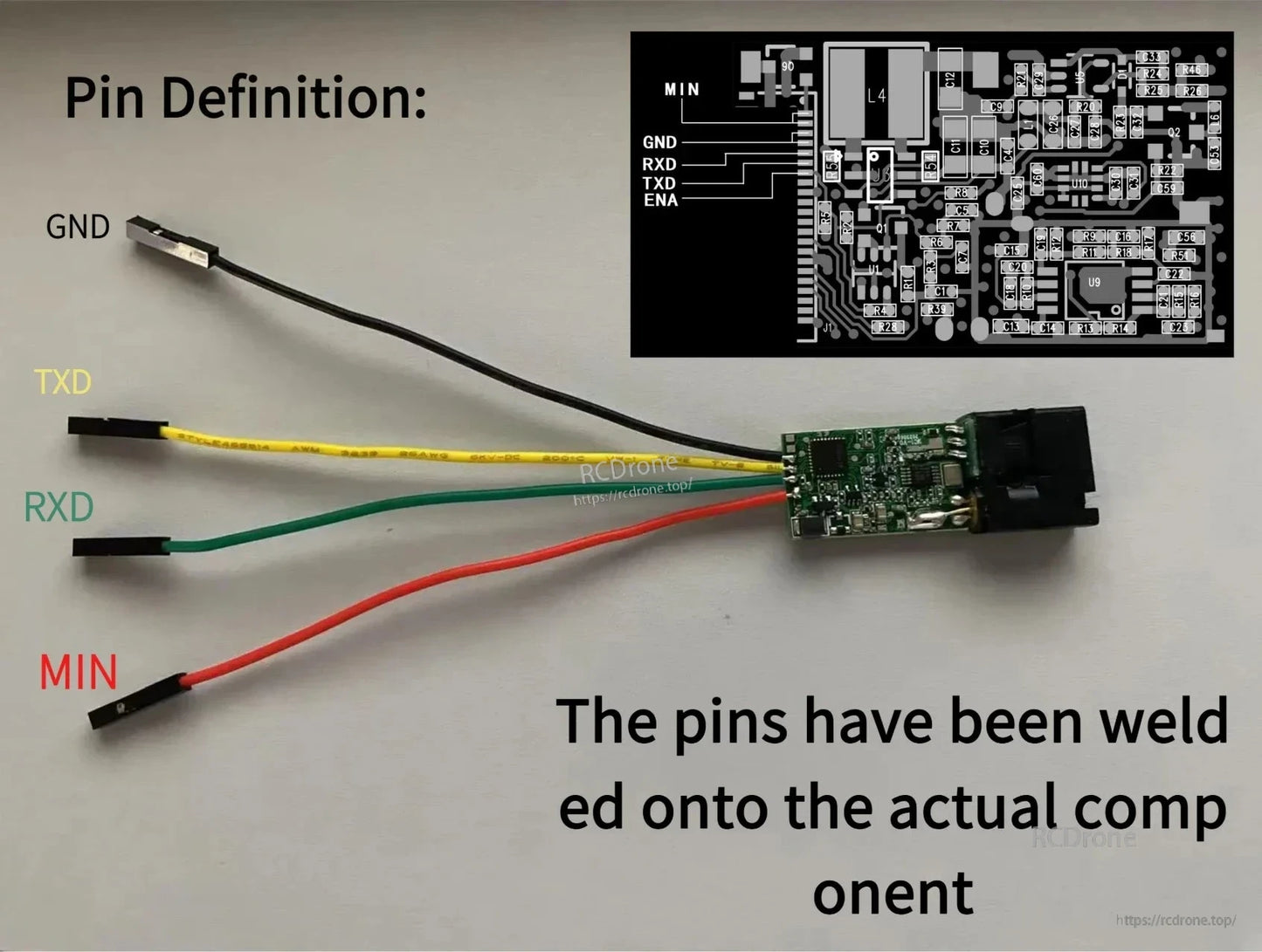 High Precision Laser Distance Measuring Module, High-precision laser distance module with digital output, featuring GND, RXD, TXD, MIN pins; direct soldering and schematic provided for reference.