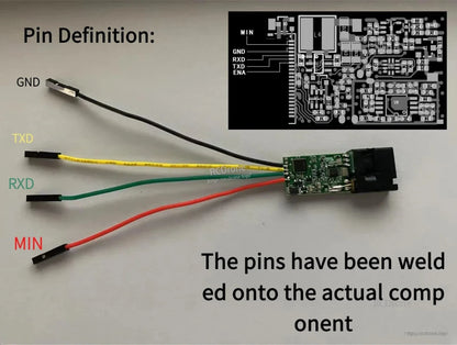 High Precision Laser Distance Measuring Module, High-precision laser distance module with digital output, featuring GND, RXD, TXD, MIN pins; direct soldering and schematic provided for reference.