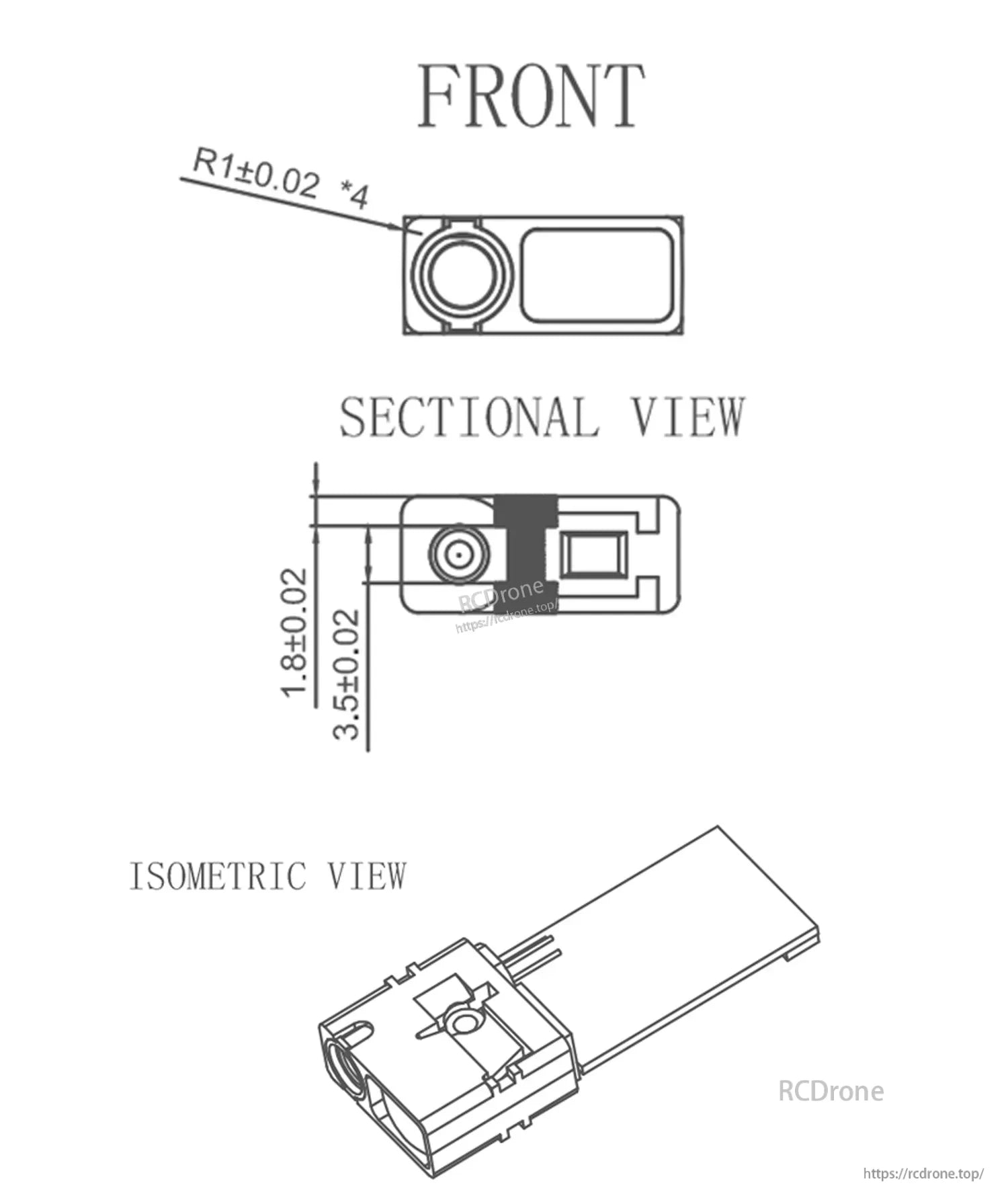 High Precision Laser Distance Measuring Module, High-precision laser distance module with detailed views and precise dimensions: R1±0.02×4, 1.8±0.02, 3.5±0.02.