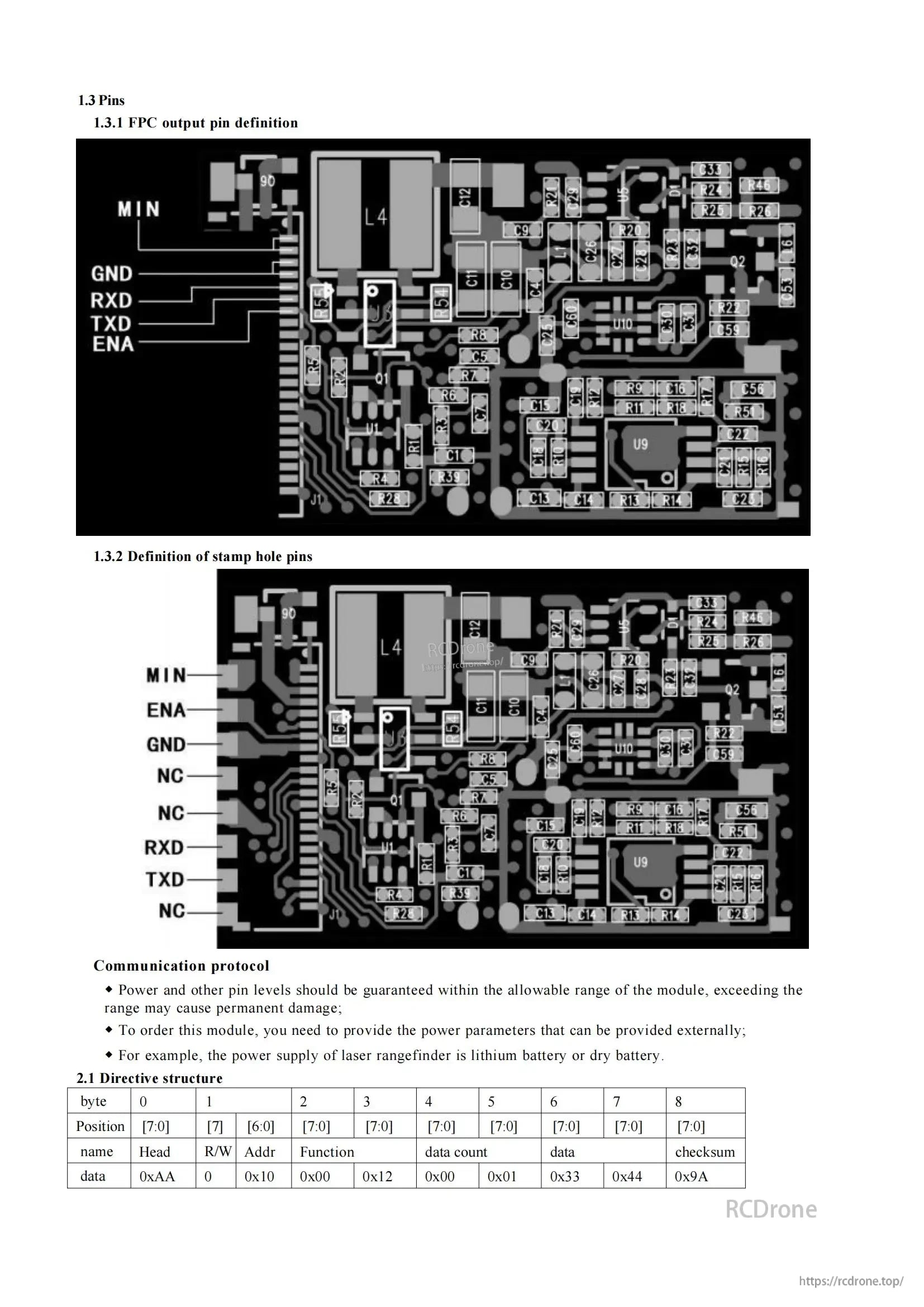 High Precision Laser Distance Measuring Module, High-precision laser distance module with FPC, stamp hole pins, communication protocol, power specs, and data transmission directives.
