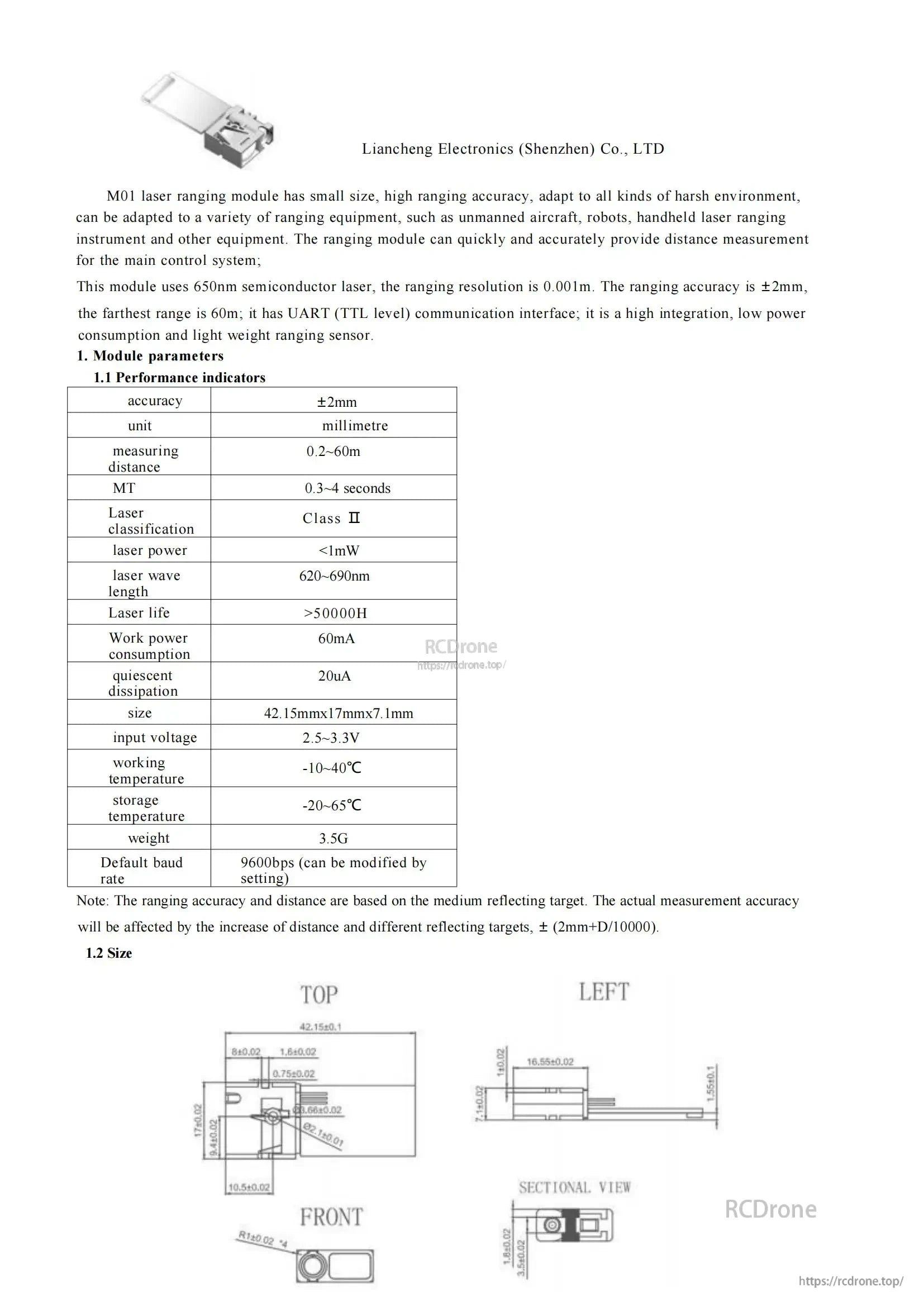 High Precision Laser Distance Measuring Module, 650nm laser with ±2mm accuracy, 0.2–60m range, UART interface, compact and low-power—ideal for drones, robots, and handheld devices.
