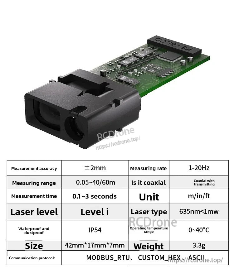 High Precision Laser Distance Measuring Module, Compact 3.3g laser module, ±2mm accuracy, 0.05–60m range, IP54-rated, supports multiple protocols. Ideal for industrial automation requiring durable, precise sensing in tight spaces.