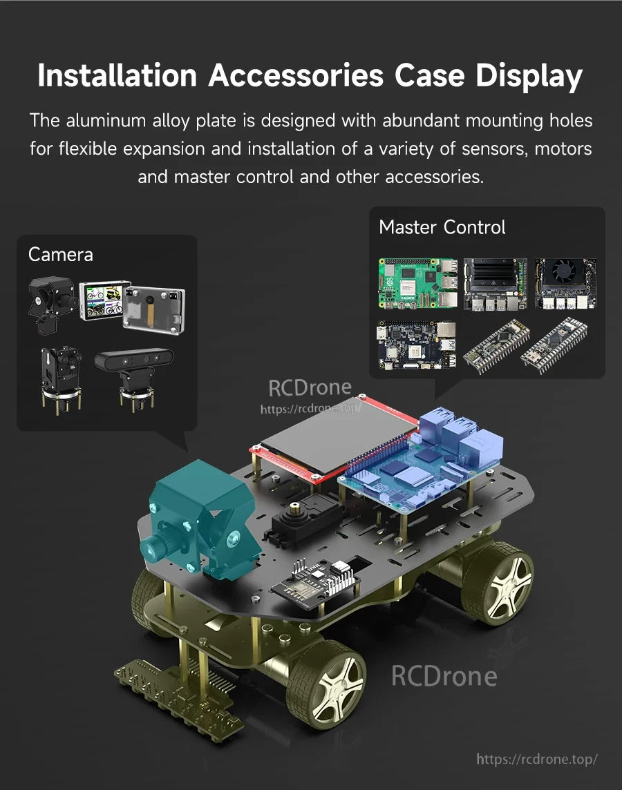 Accessory installation example with master control boards and camera modules mounted on the stacked robot car plate