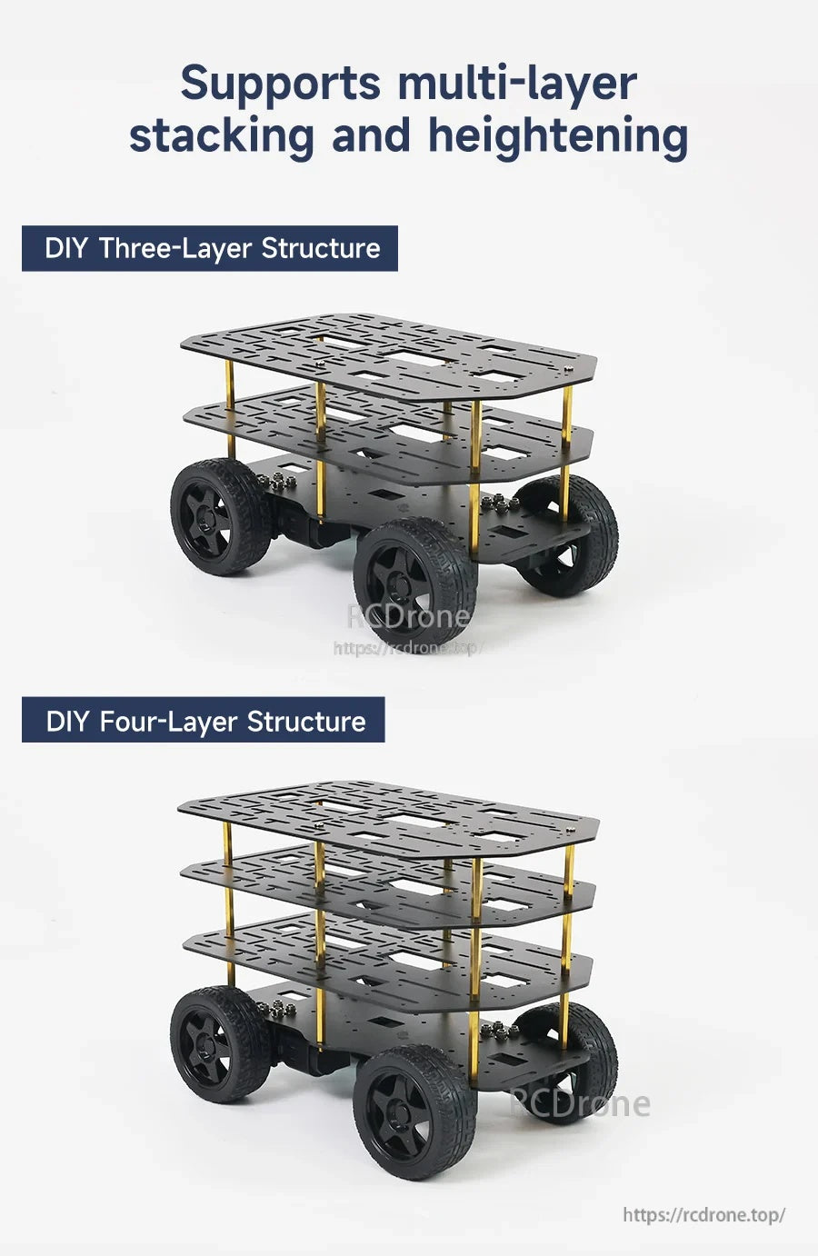 Multi-layer stacking examples: DIY three-layer and four-layer wheeled robot car structure using standoffs