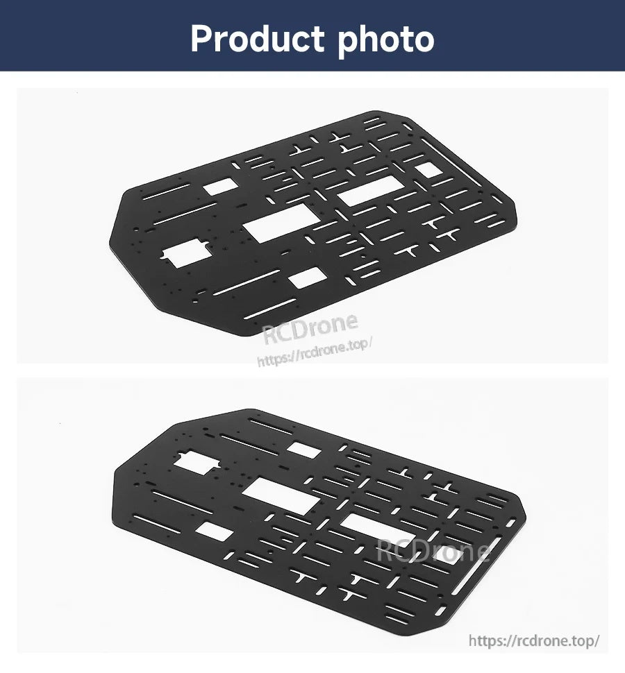 Product photos of the black anodized aluminum upper plate with multiple slots and mounting cutouts