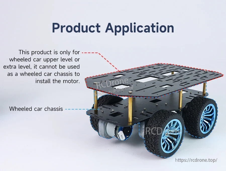 Upper-level application example: aluminum plate installed above wheeled robot car chassis using standoffs