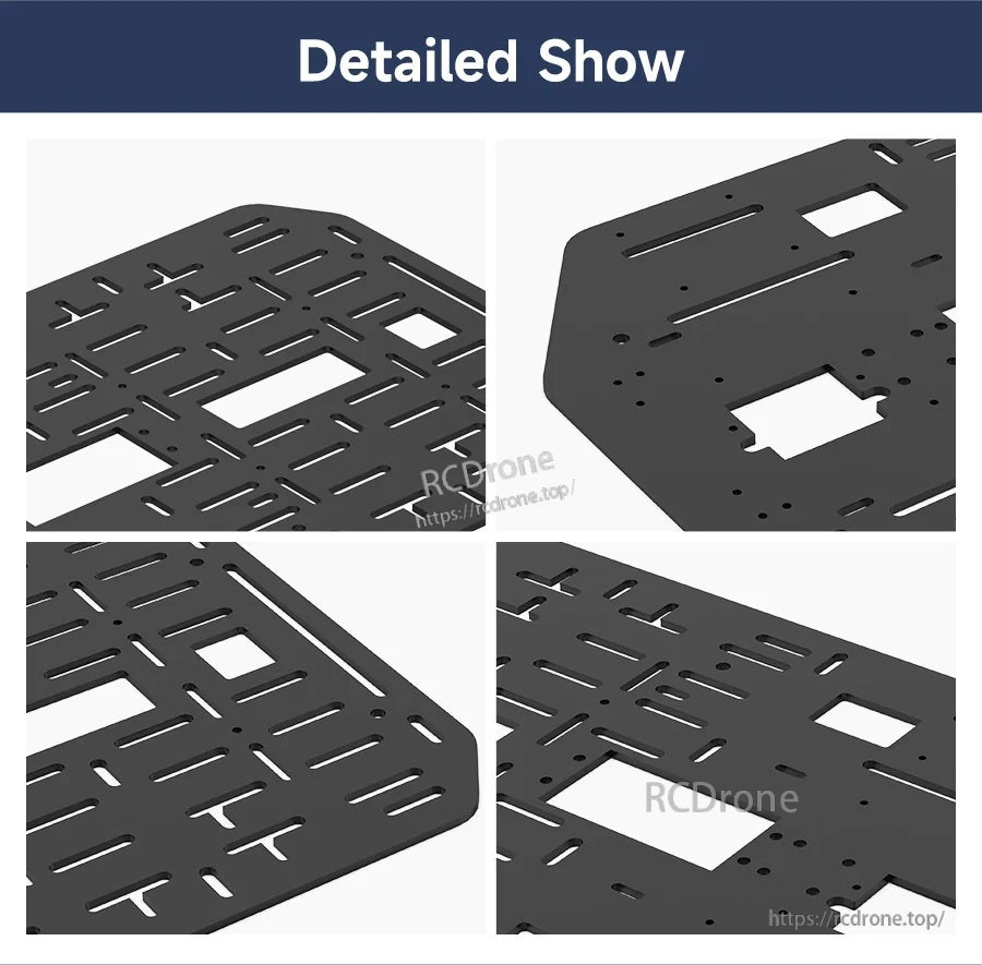 Close-up views of chamfered edges, slotted mounting holes and cutouts on the black aluminum plate