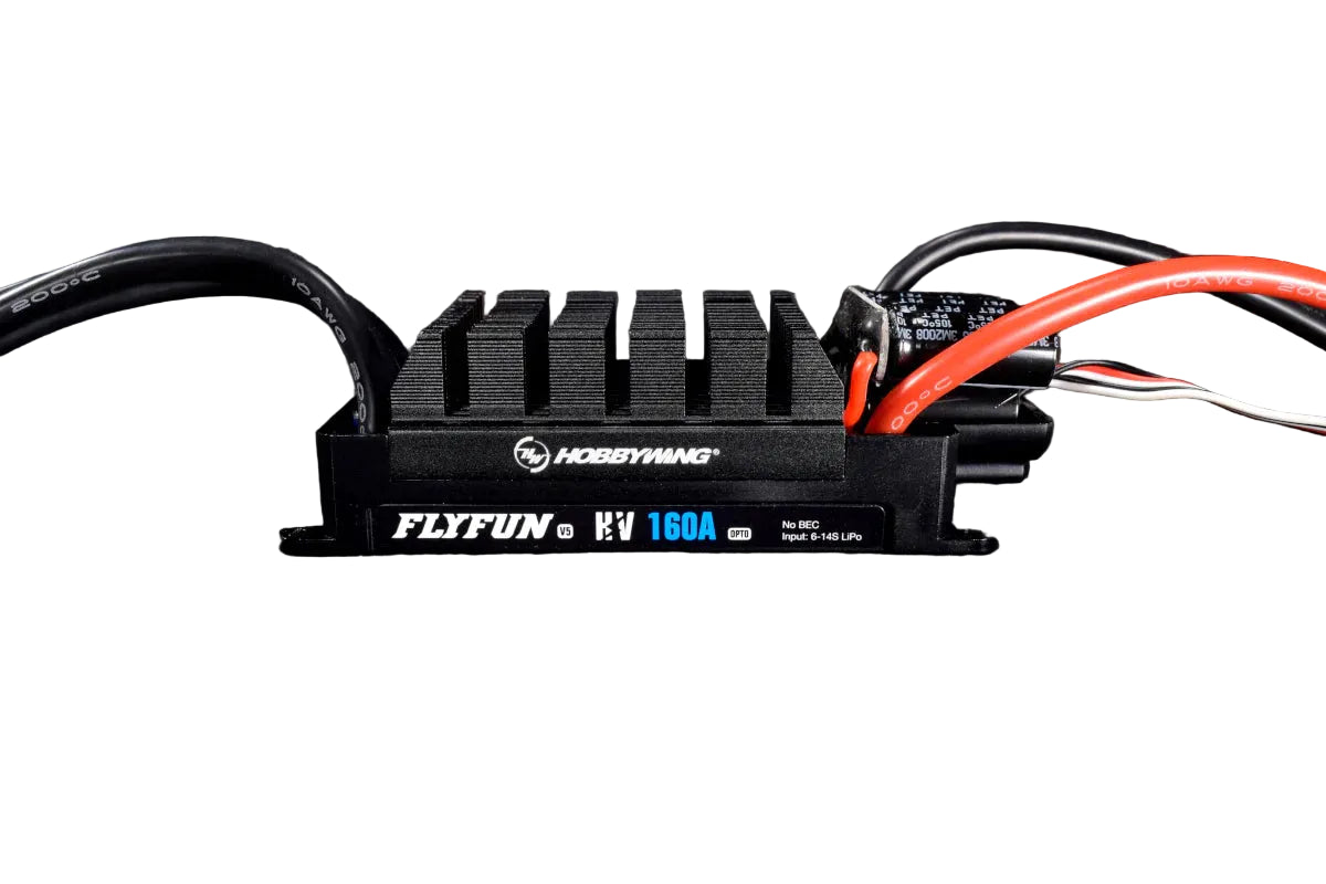 Hobbywing FlyFun HV 160A V5 OPTO RC aircraft ESC with heatsink and 6–14S LiPo input label