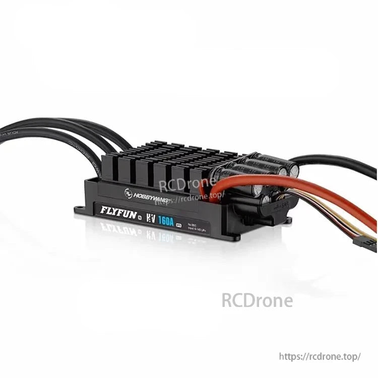 HobbyWing FlyFun HV 160A OPTO V5 ESC with finned heatsink, capacitor bank, and heavy-gauge power leads