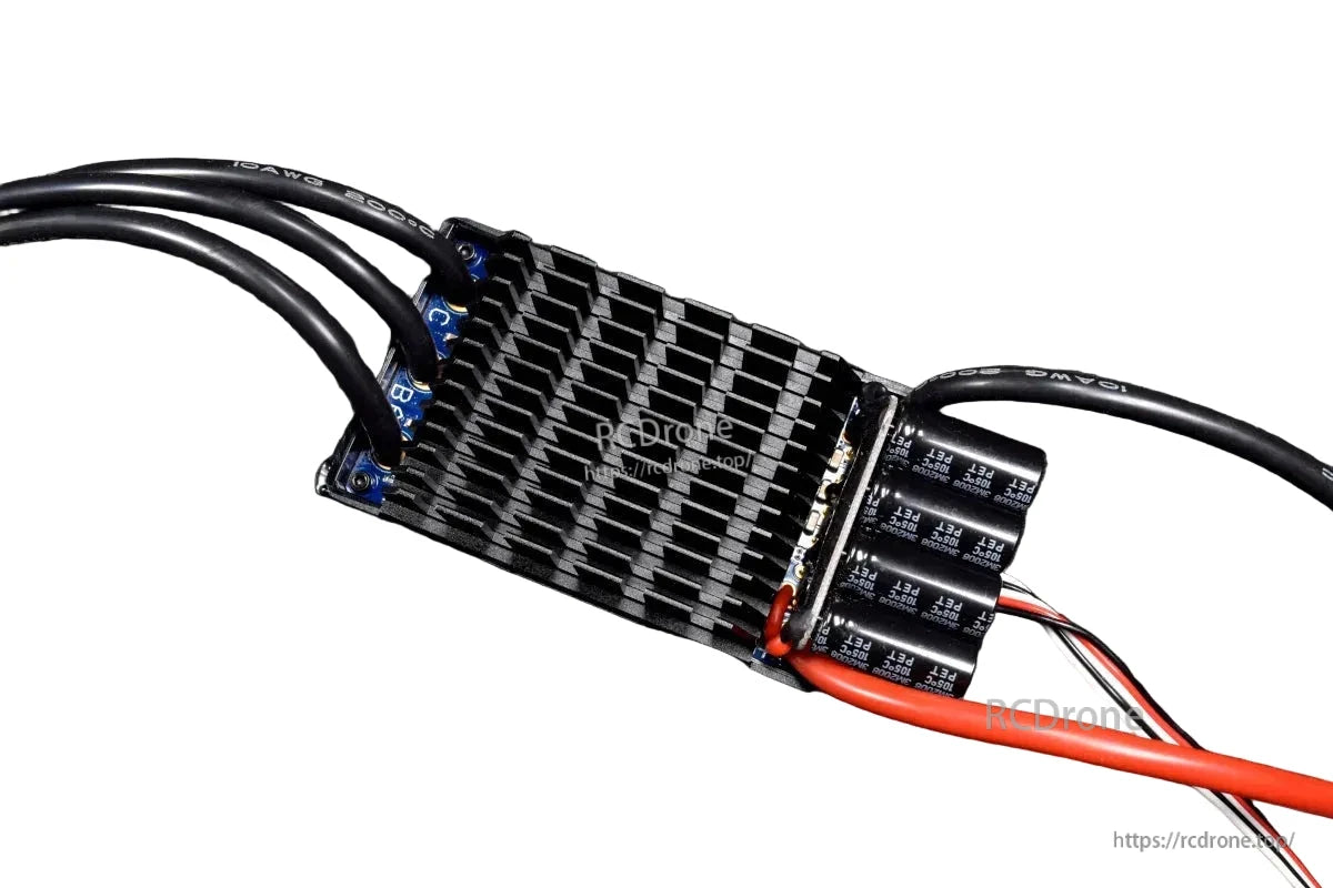 HobbyWing FlyFun HV OPTO V5 RC aircraft ESC with large black heatsink, capacitor bank, and heavy-gauge leads