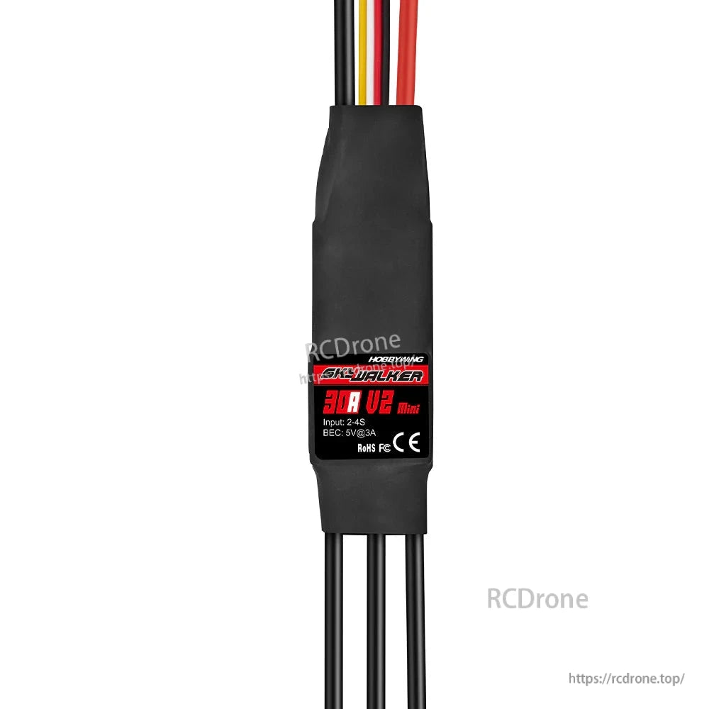 HobbyWing Skywalker Mini 30A V2 Single ESC, Hobbywing Skywalker Mini 30A V2 ESC with heat-shrink body, input 2-4S label and red/black motor wires