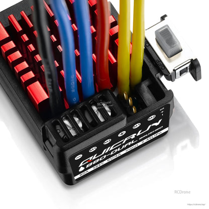 Hobbying QUICRUN WP 880 Dual Brushed ESC, Close-up of QUICRUN WP 880 dual brushed ESC with red fin heatsink, color-coded motor wires and accessible power switch