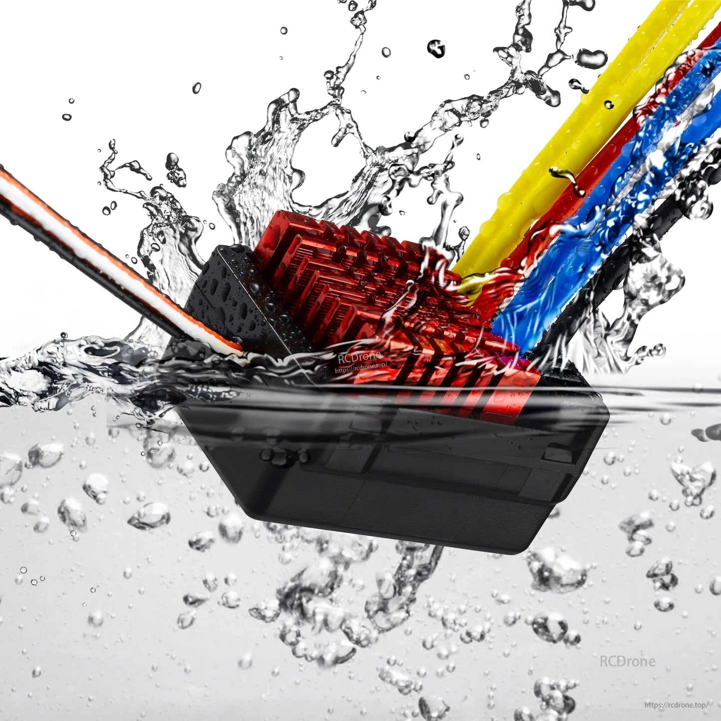 Hobbying QUICRUN WP 880 dual brushed ESC with red finned heatsink, sealed black case and color-coded red/yellow/blue/black wires