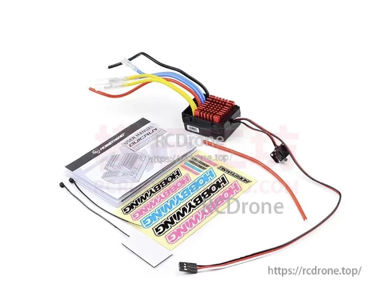 Hobbying QUICRUN WP 880 Dual Brushed ESC, Hobbywing QUICRUN WP 880 dual brushed ESC with red heatsink, motor leads, receiver plug, manual and decals