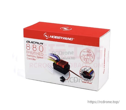 Hobbying QUICRUN WP 880 Dual Brushed ESC, Hobbywing QUICRUN 880 brushed ESC retail box with pictured ESC, red heatsink, wiring and waterproof badge