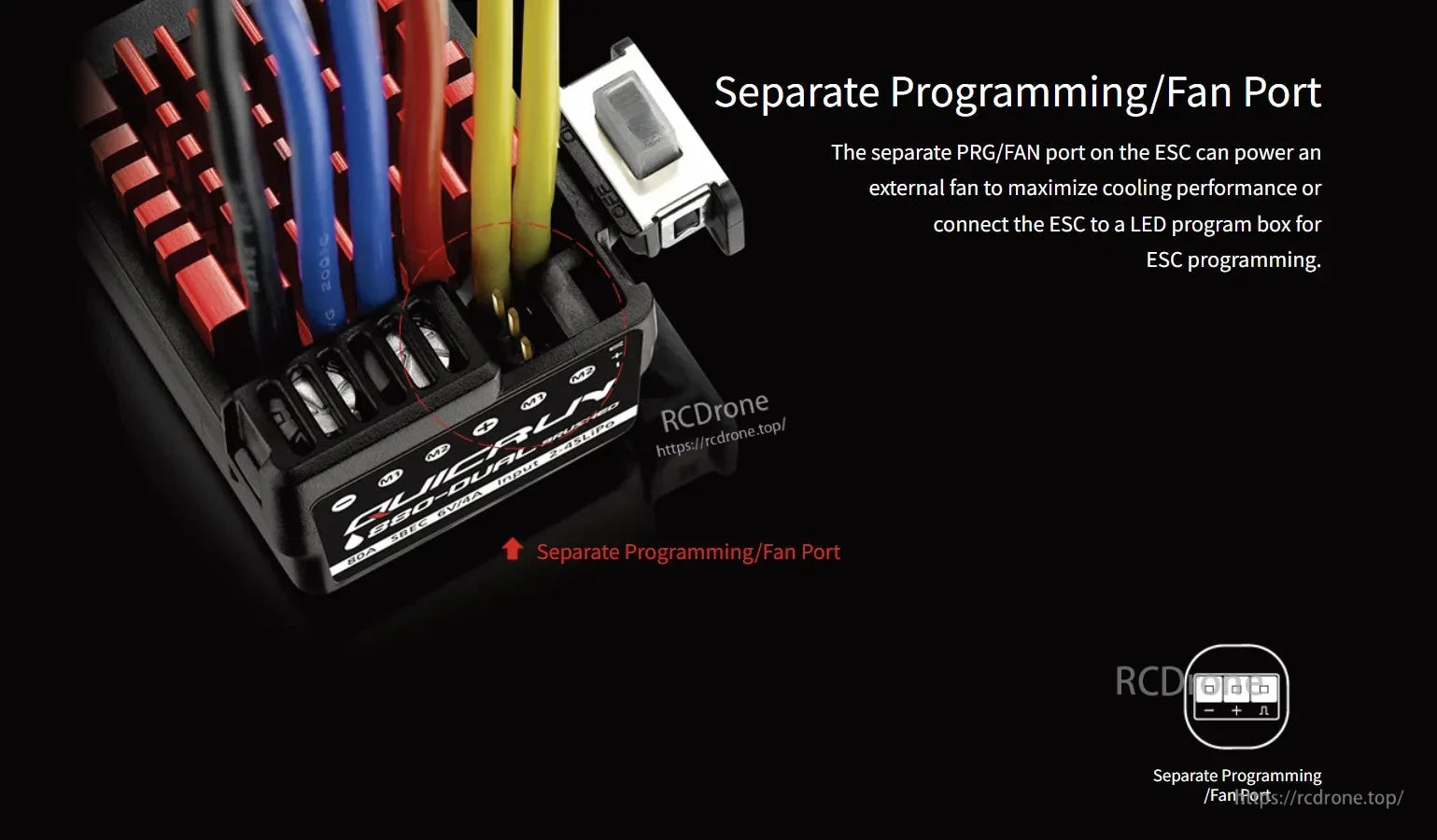 Hobbying QUICRUN WP 880 Dual Brushed ESC, Hobbywing QUICRUN WP 880 dual brushed ESC close-up showing wiring terminals and separate programming/fan port