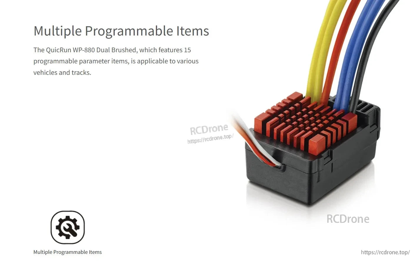 Hobbying QUICRUN WP 880 Dual Brushed ESC, Hobbywing QuicRun WP-880 dual brushed ESC with red heatsink and multi-color motor wires