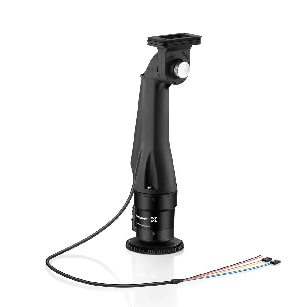 Black centrifugal spray nozzle assembly for agricultural drones with angled outlet, press-release knob, motor housing and multicolor cable