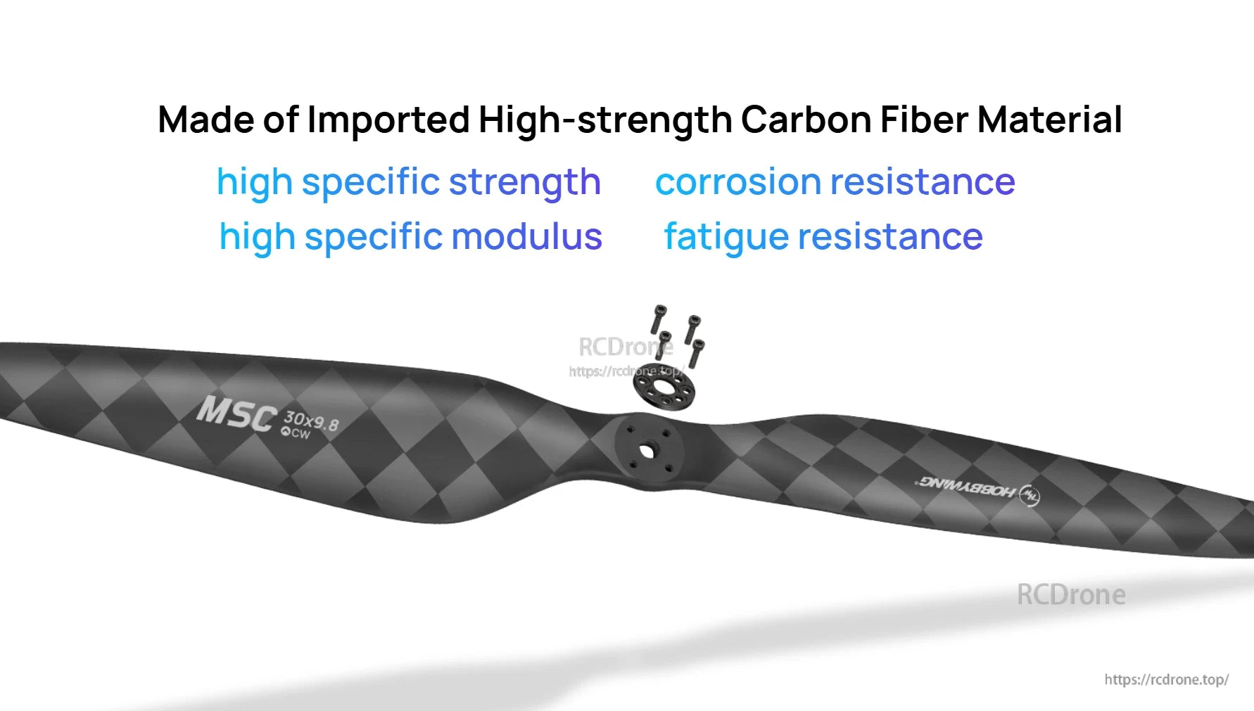 Hobbywing CF 3098 Propeller, Hobbywing MSC 30x9.8 CW carbon fiber propeller with center hub and included screws and adapter plate