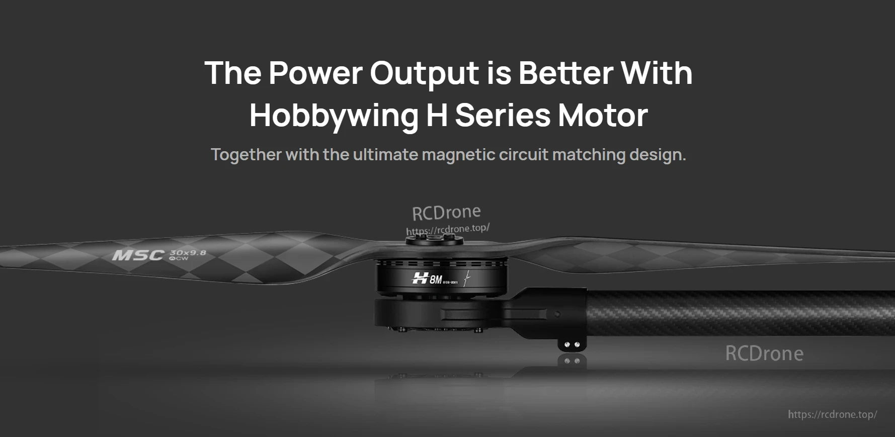 Hobbywing CF 3098 Propeller, Hobbywing CF 30x9.8 CCW propeller mounted on an H Series motor, with MSC 30x9.8 marking on the blade