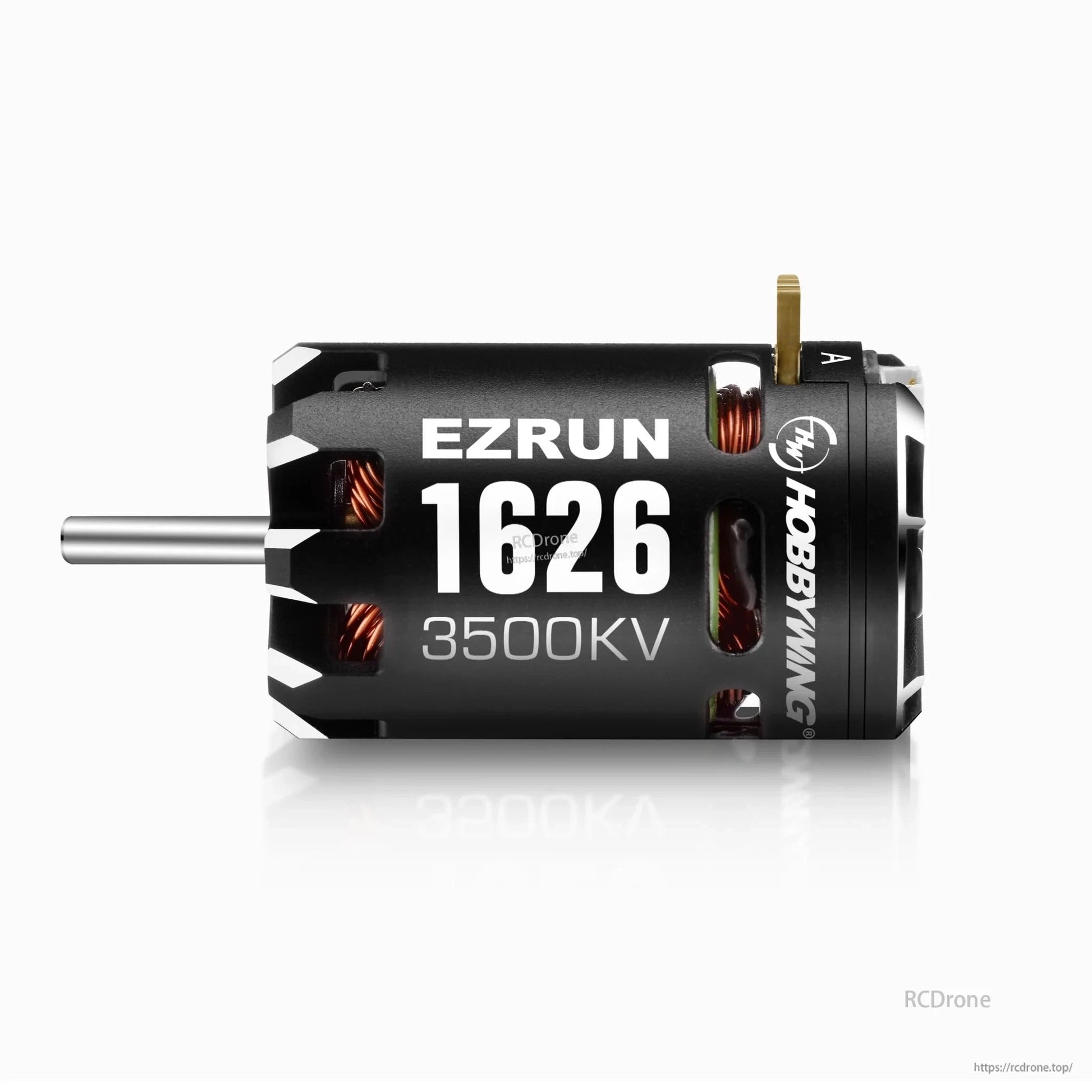 Hobbywing EZRUN 1626 Sensored Motor, Hobbywing EZRUN 1626 3500KV sensored brushless motor with 1626 can, output shaft, and solder tabs
