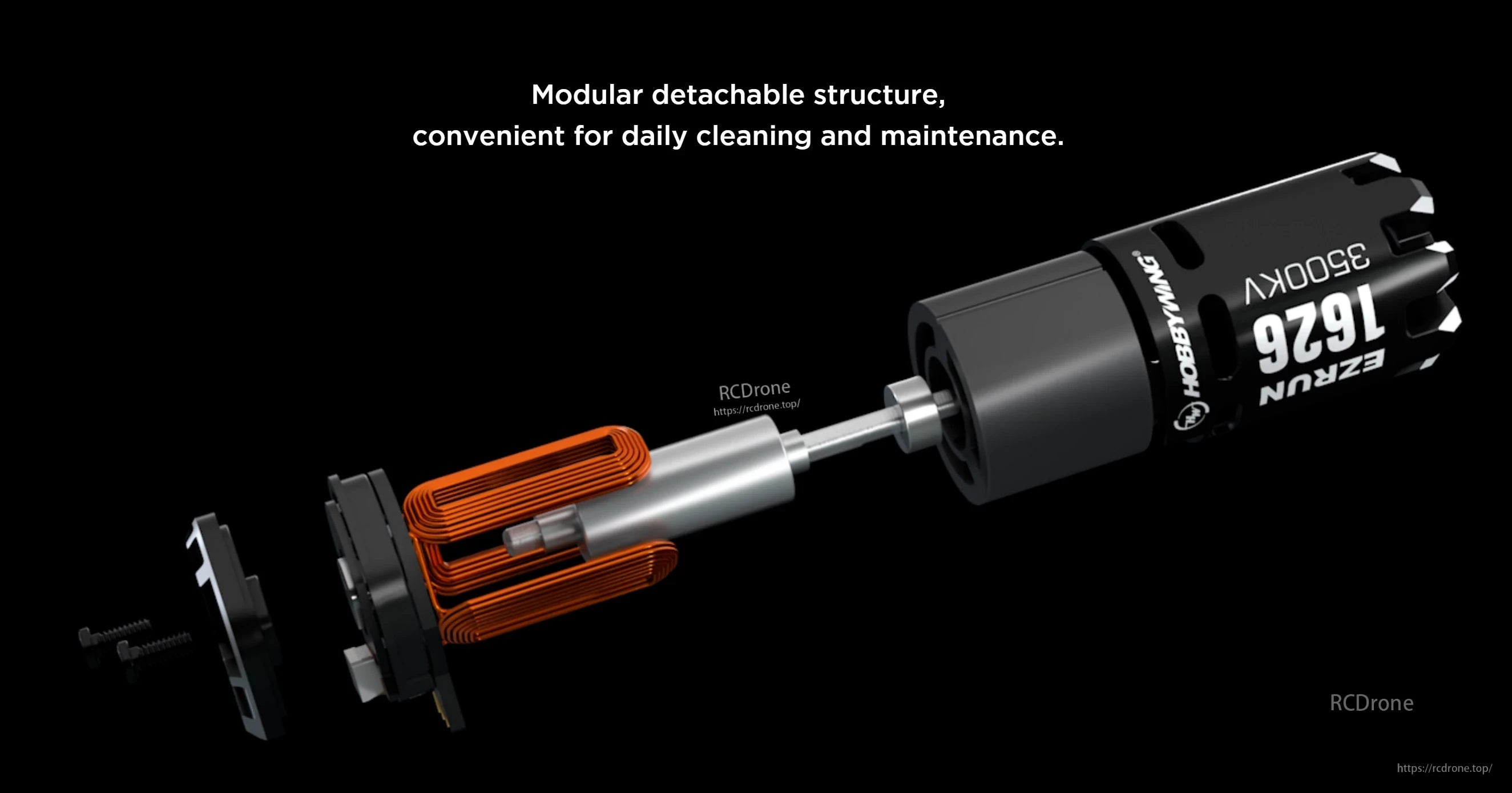 Hobbywing EZRUN 1626 Sensored Motor, Exploded view of Hobbywing EZRUN 1626 3500KV sensored brushless motor with detachable rotor and end cap