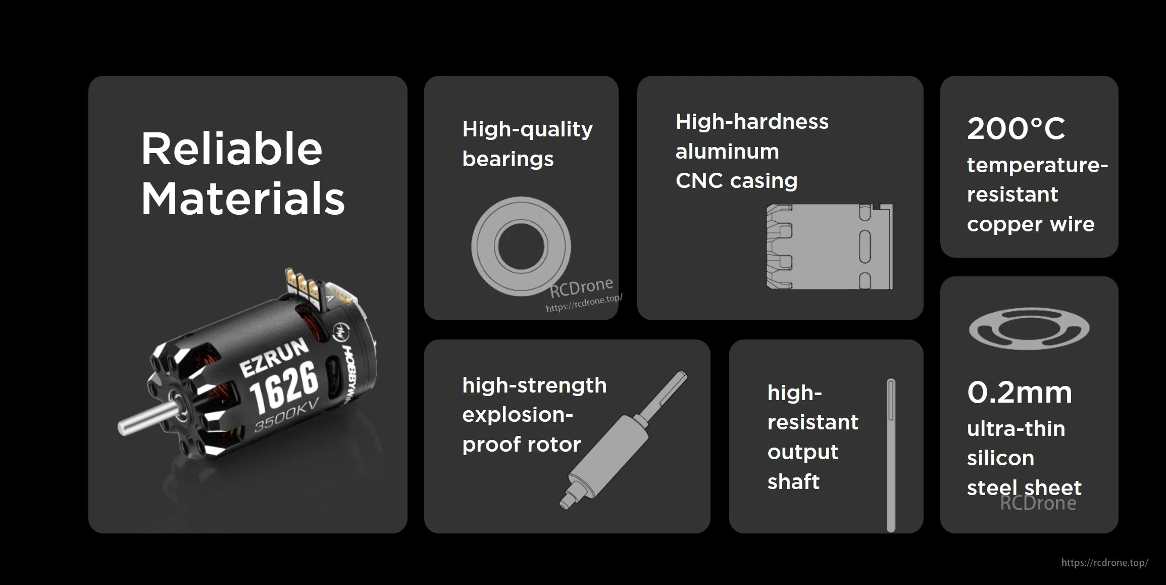 Hobbywing EZRUN 1626 Sensored Motor, Hobbywing EZRUN 1626 sensored brushless motor graphic with labeled materials like bearings and CNC aluminum casing