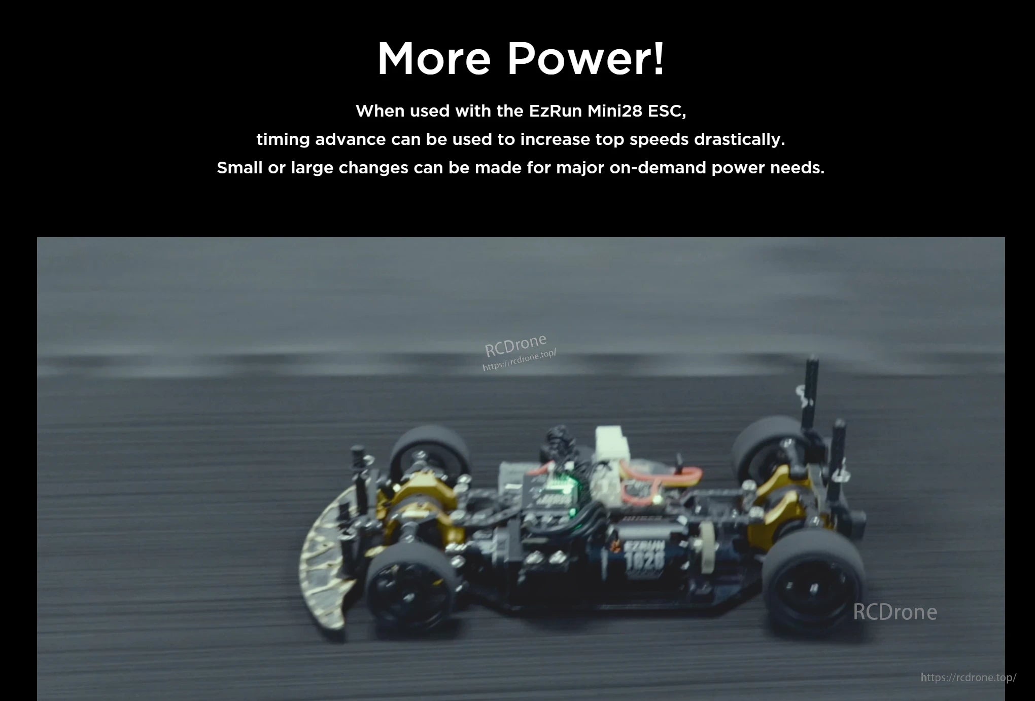 Hobbywing EZRUN 1626 sensored motor installed on an RC car chassis with “More Power” timing advance note