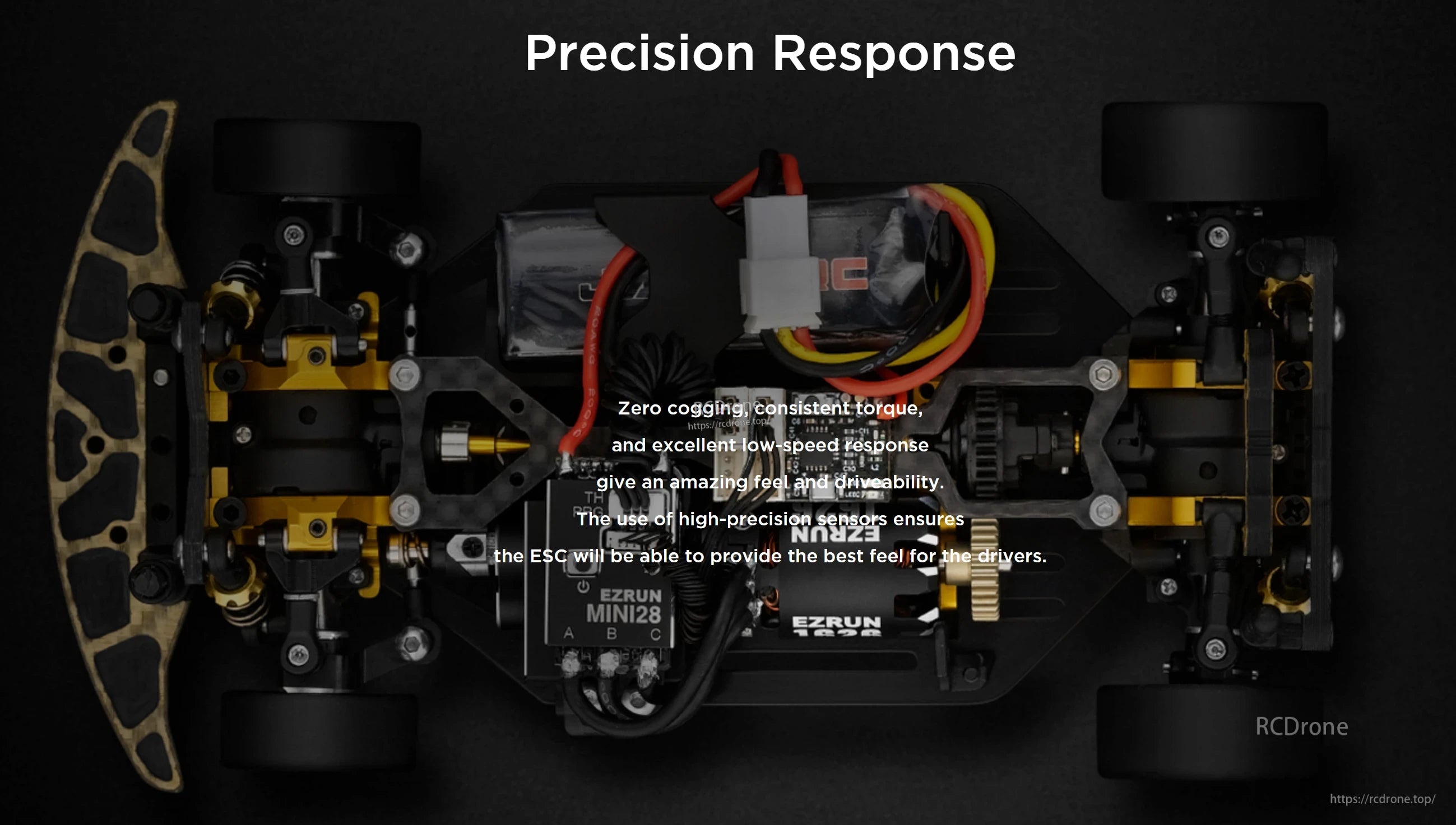 Top-down view of an RC car chassis with Hobbywing EZRUN 1626 sensored motor, ESC, and wiring installed