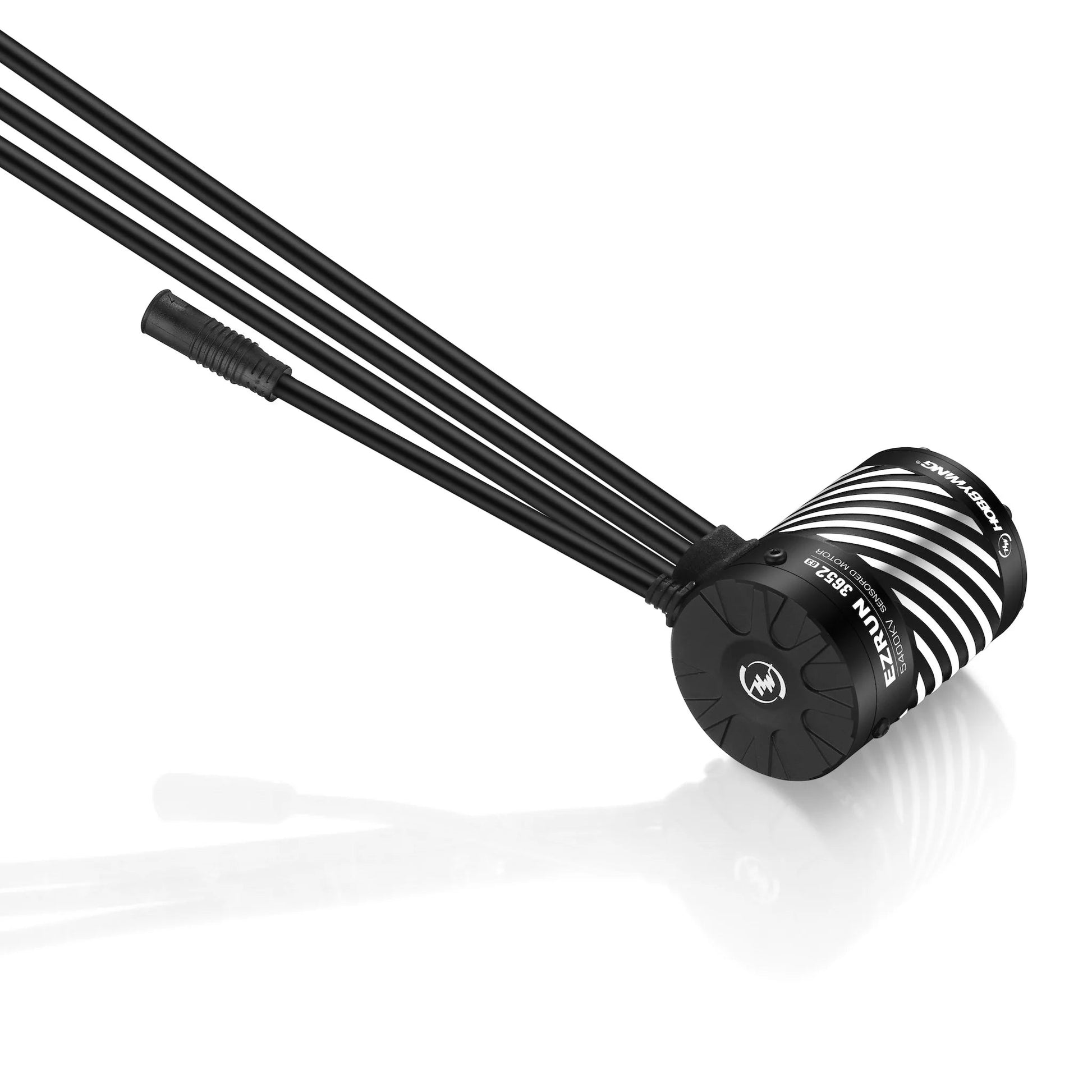 Hobbywing EZRUN 3652 sensored brushless RC motor with black can, striped wrap, and attached motor leads
