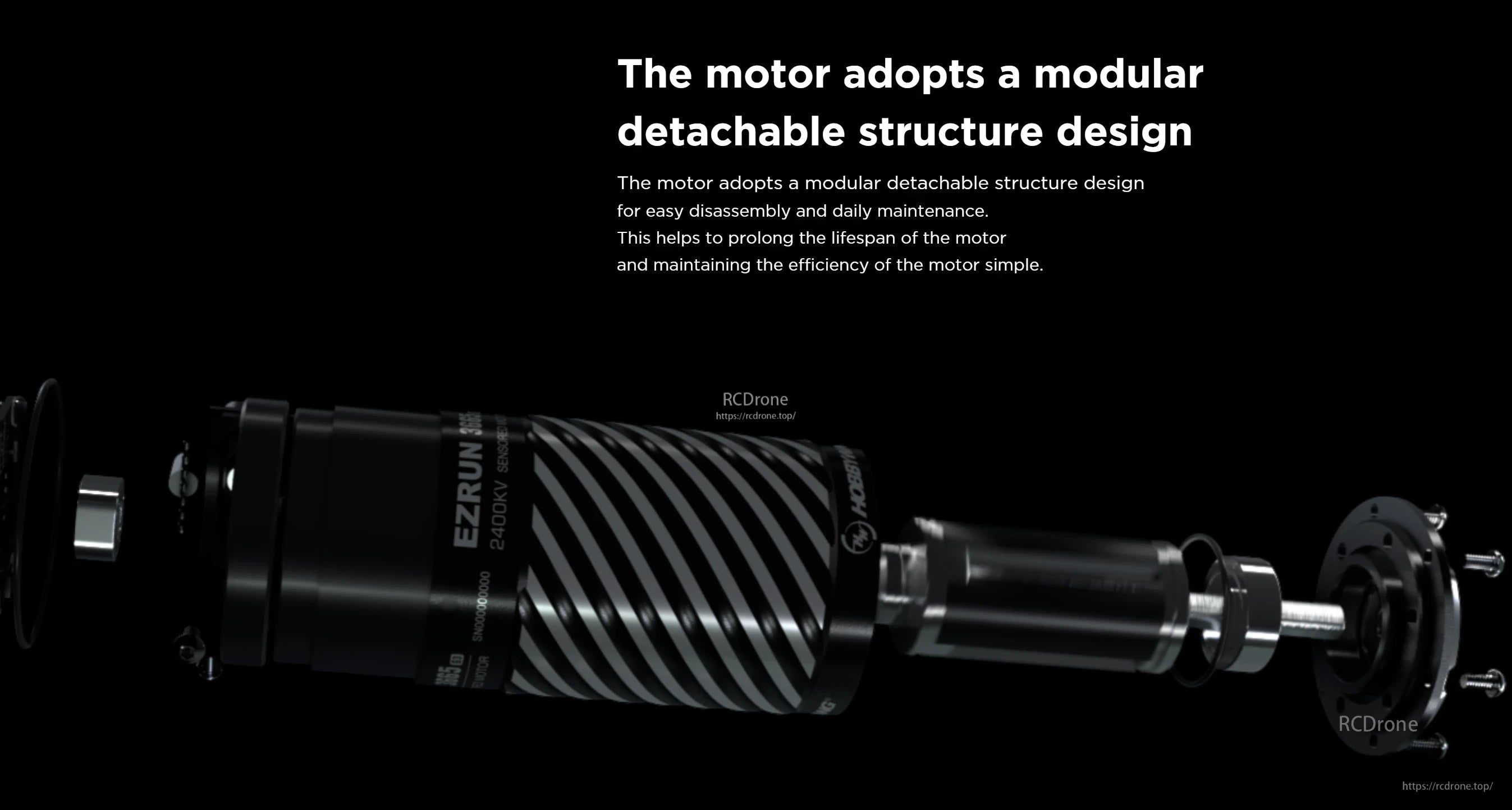 Exploded view of Hobbywing EZRUN 3652 SD G3 sensored brushless motor showing modular detachable internal parts