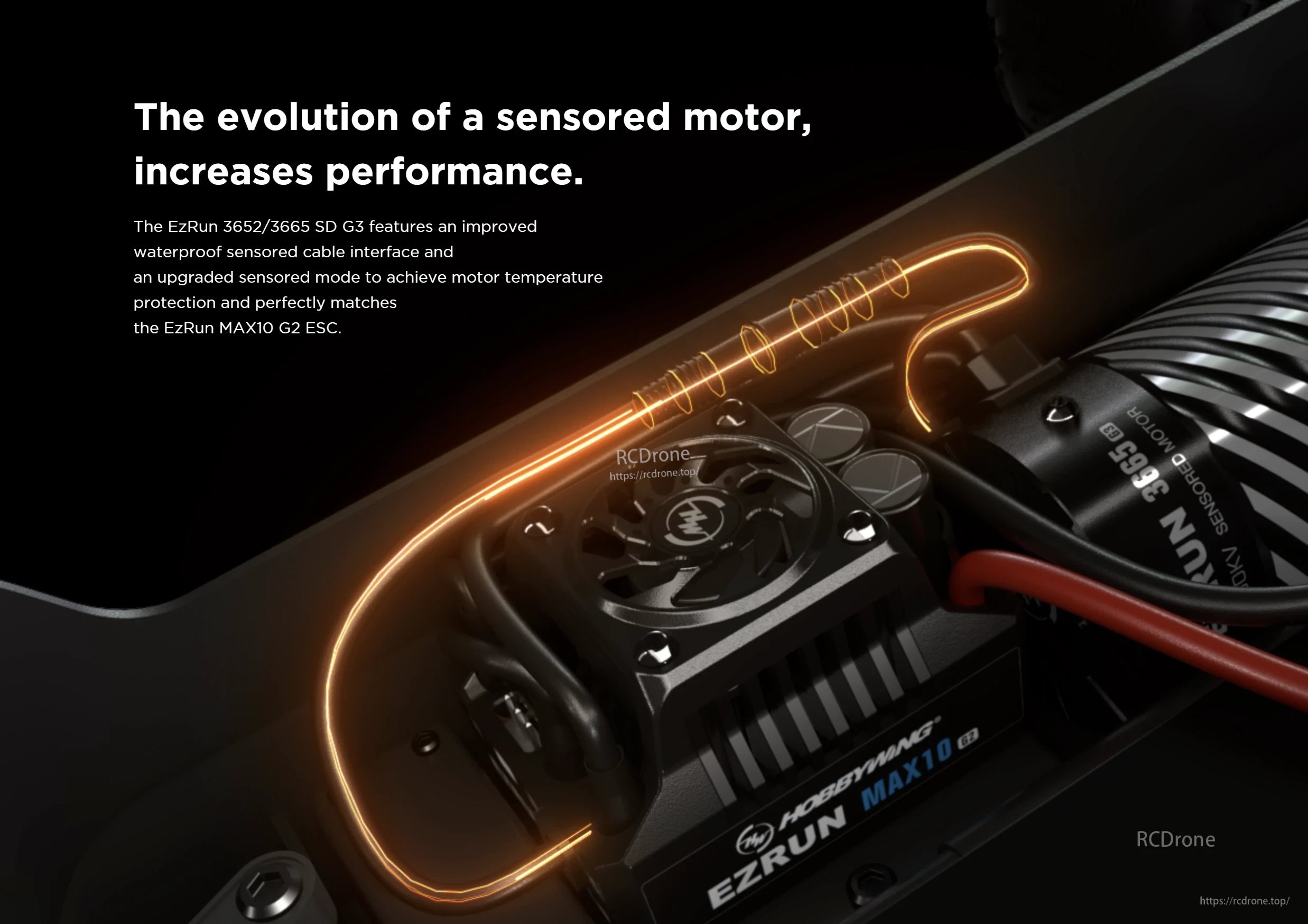 Hobbywing EZRUN 3652 SD G3 sensored brushless RC motor with waterproof sensored cable interface and MAX10 G2 ESC