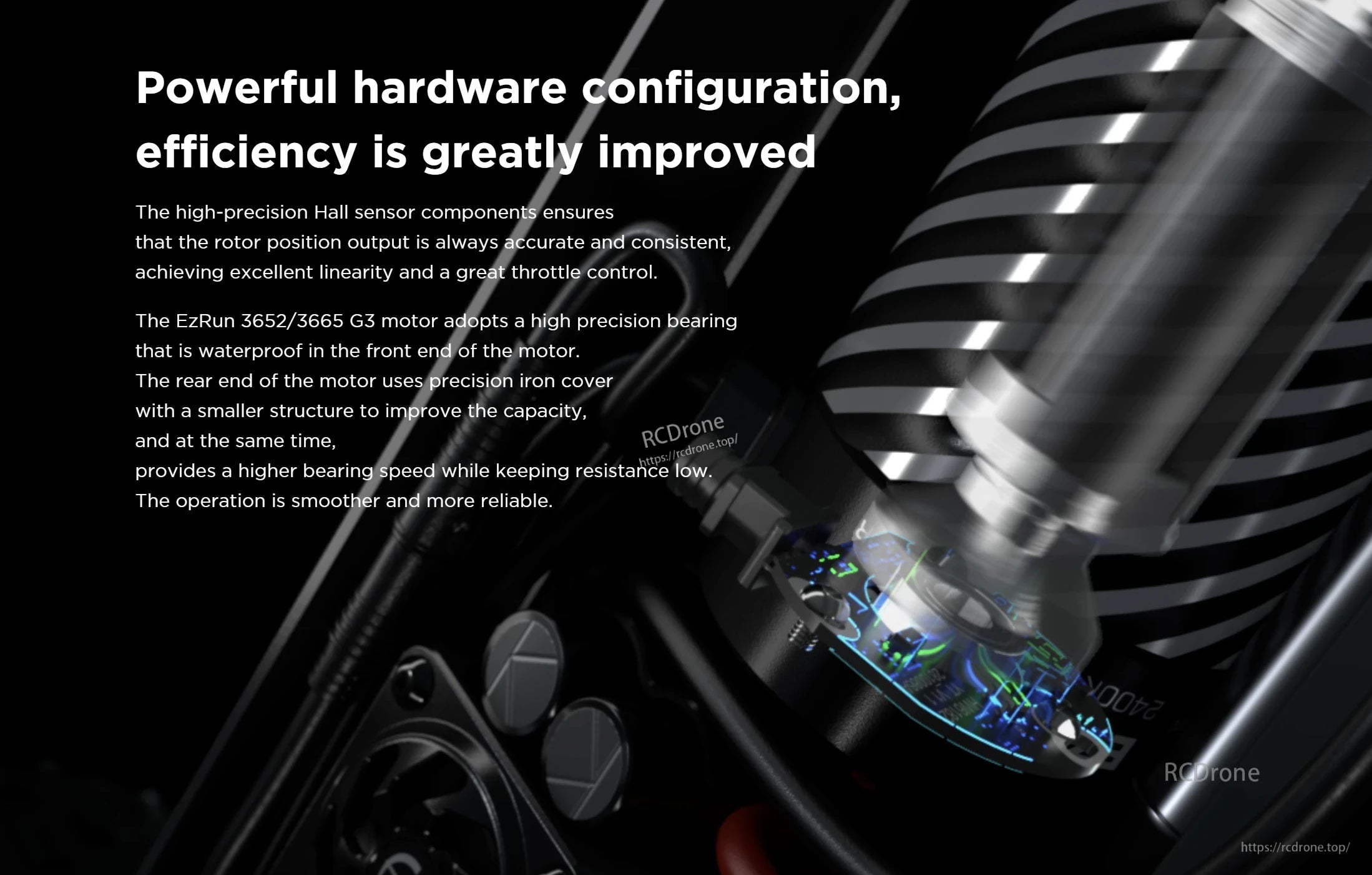 Hobbywing EZRUN 3652 G3 sensored brushless motor cutaway showing Hall sensor board and front bearing design