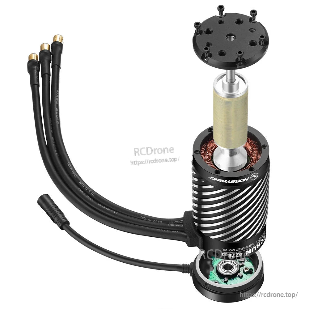 Exploded view of Hobbywing EZRUN 4268 sensored brushless motor with rotor, sensor board, and bullet leads