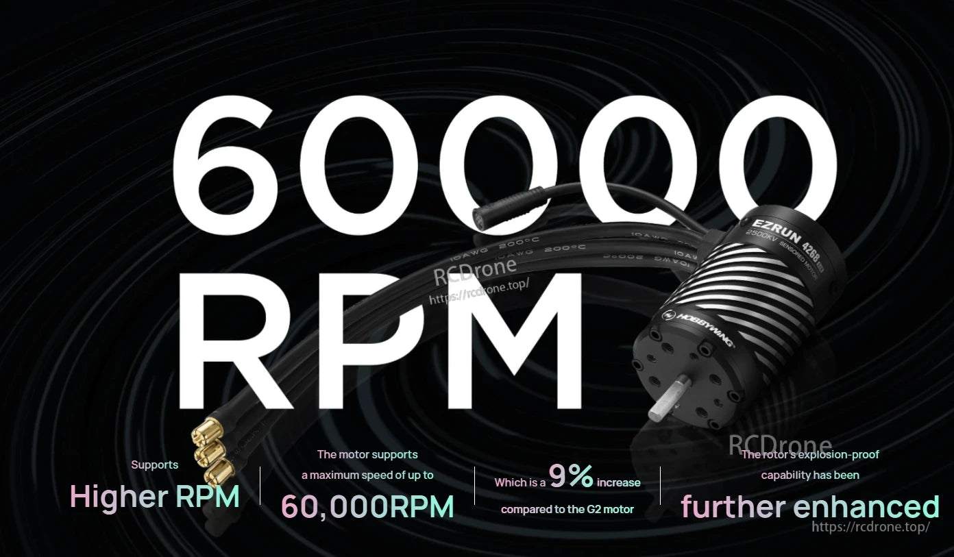 Hobbywing EZRUN 4268 sensored brushless motor with wiring leads, labeled up to 60,000 RPM