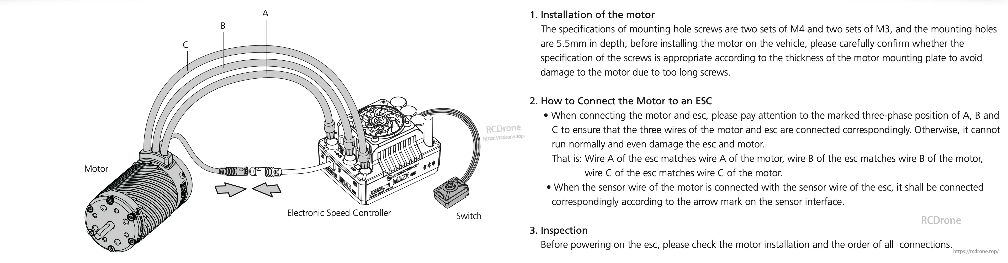 Wiring diagram for Hobbywing EZRUN MAX motor to ESC with A/B/C phase leads, sensor cable, and switch connections
