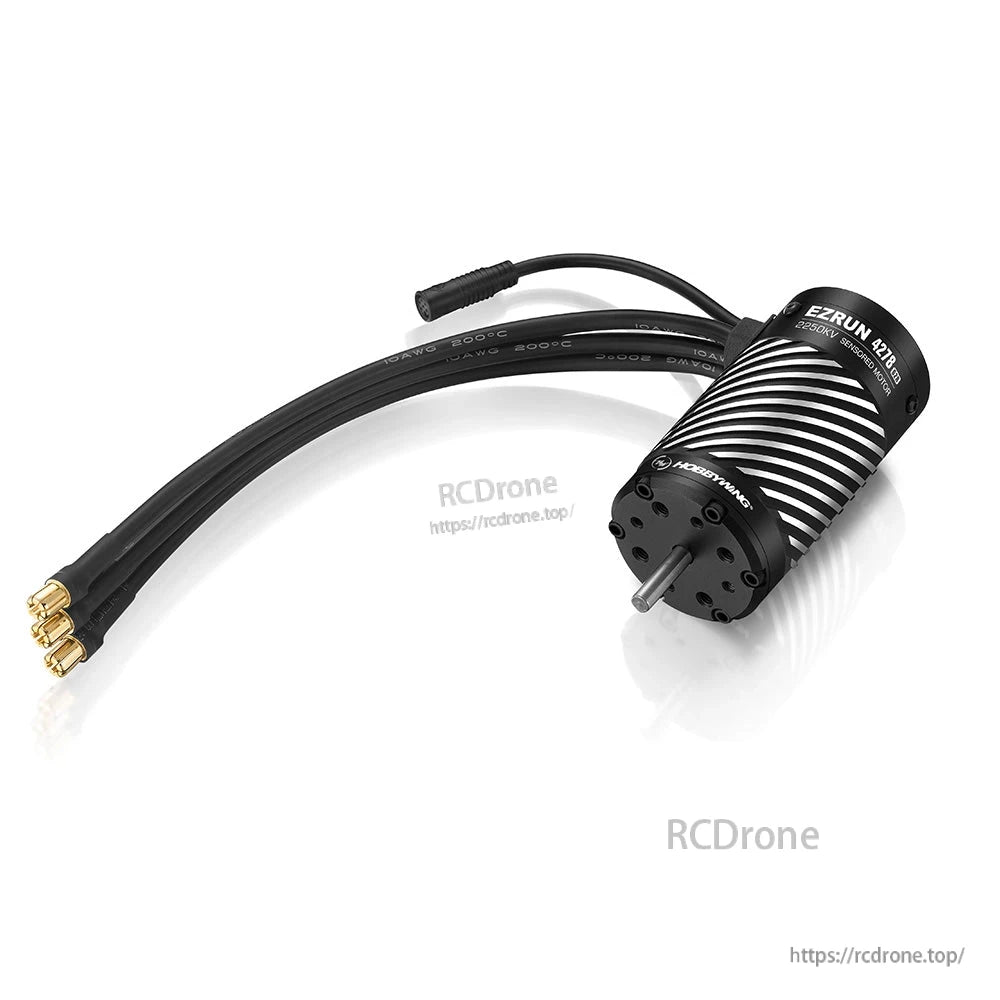 Hobbywing EZRUN sensored brushless RC motor with finned black can, sensor lead, and 3 bullet connectors