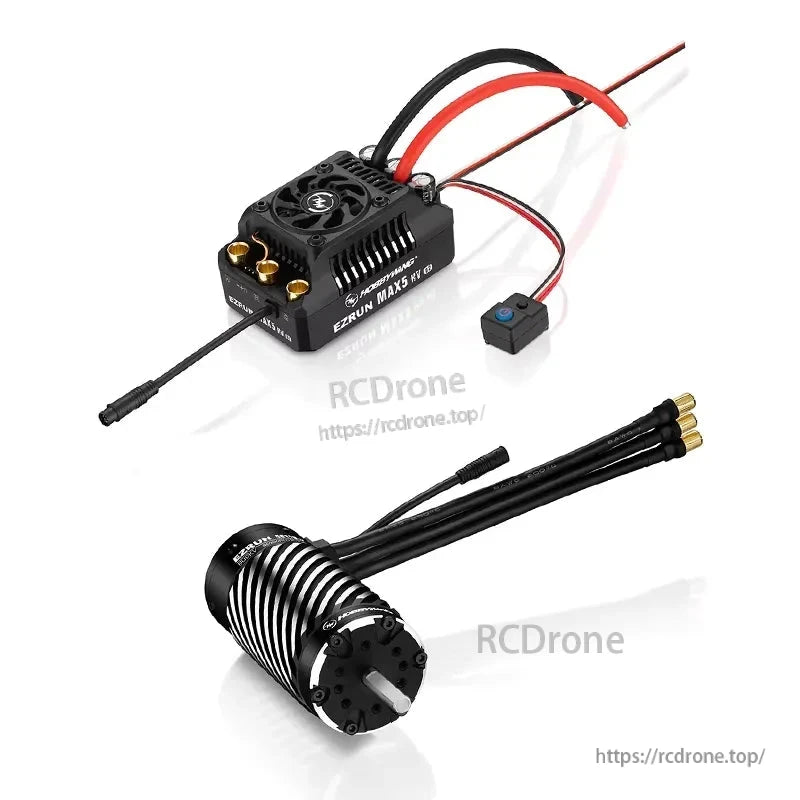 Hobbywing EZRUN MAX5 HV G2 brushless ESC with cooling fan and 56-series RC motor with bullet connectors