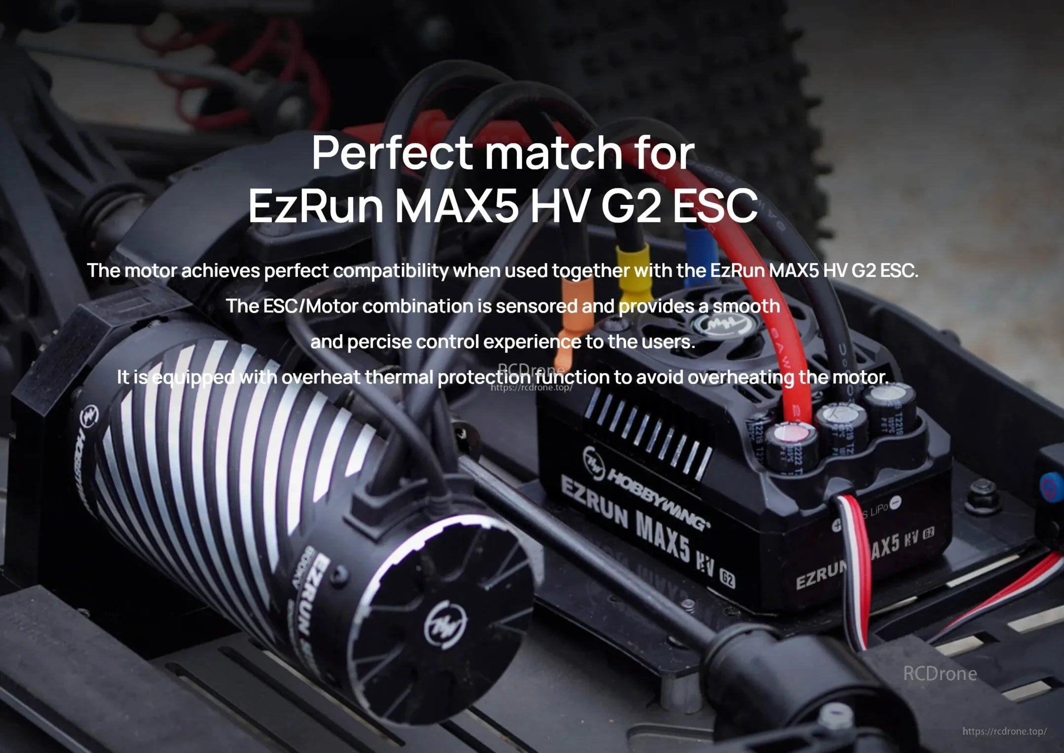 Hobbywing EZRUN brushless RC motor installed with EZRUN MAX5 HV G2 ESC and heavy-gauge power leads