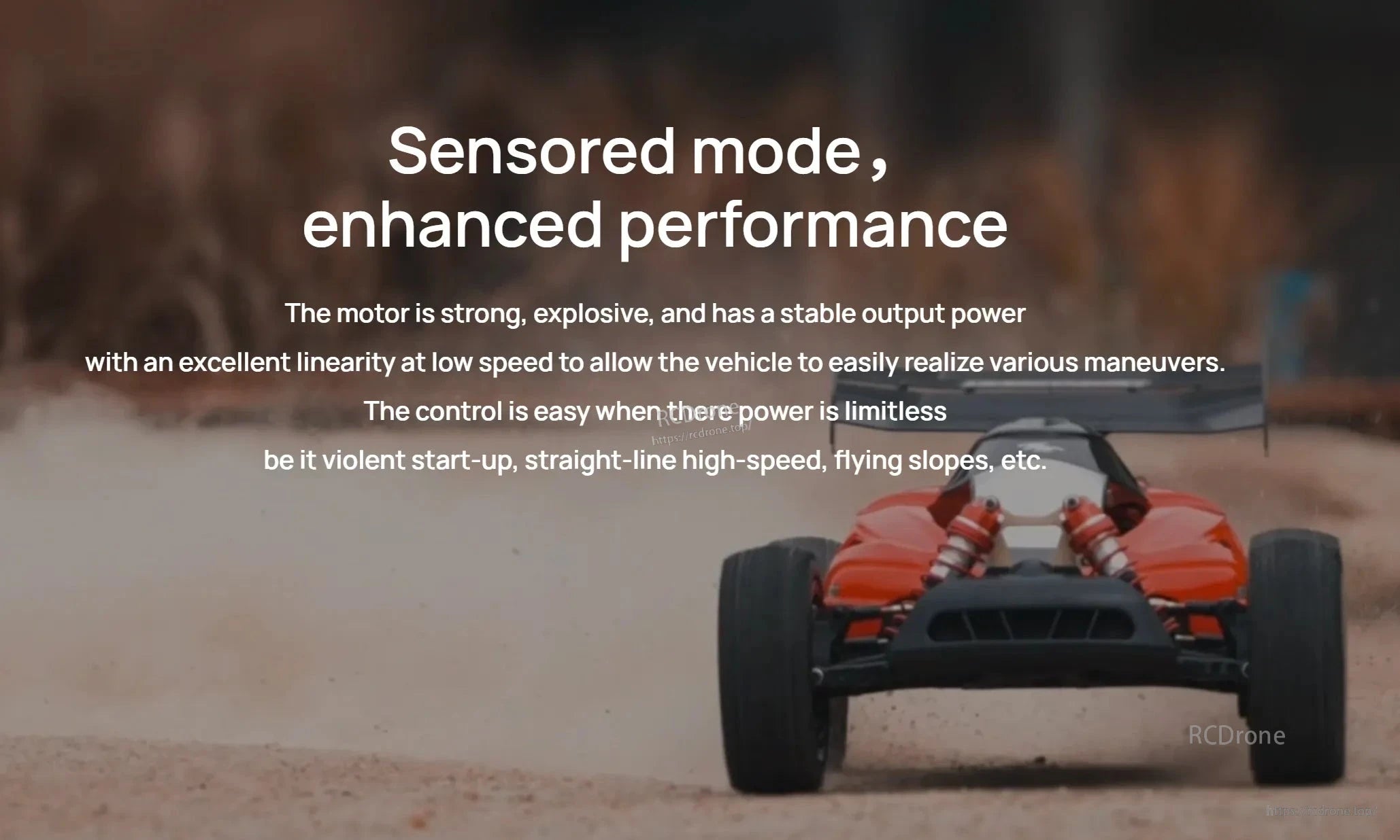 Promo graphic with 1/5 RC buggy and text “Sensored mode, enhanced performance” for Hobbywing EZRUN MAX 56118 SD G2 motor