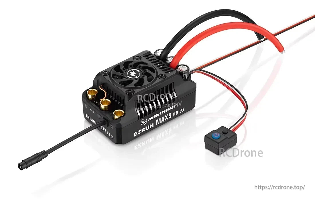Hobbywing EZRUN MAX5 HV G2 RC brushless ESC with cooling fan, battery leads, and external power switch