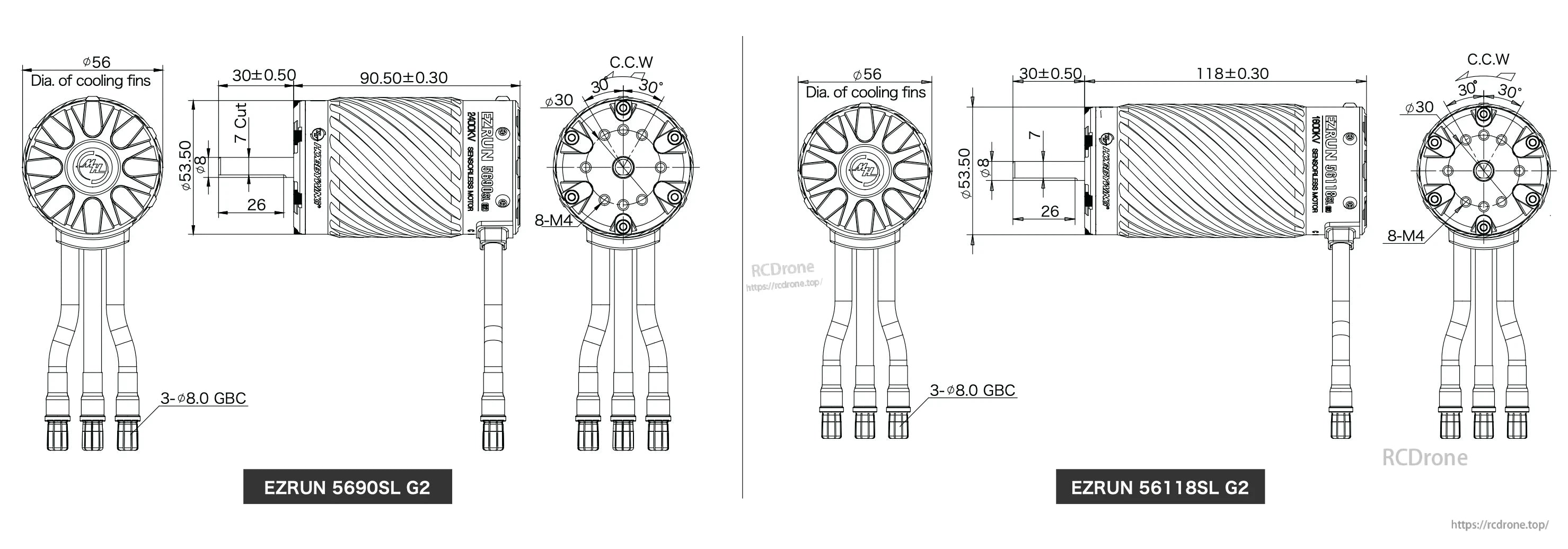 Hobbywing EZRUN MAX 56118SL G2 RC Car Motor, Hobbywing EZRUN 56118SL G2 RC car motor dimension drawing with 56mm cooling fins, 118mm length and 8mm shaft