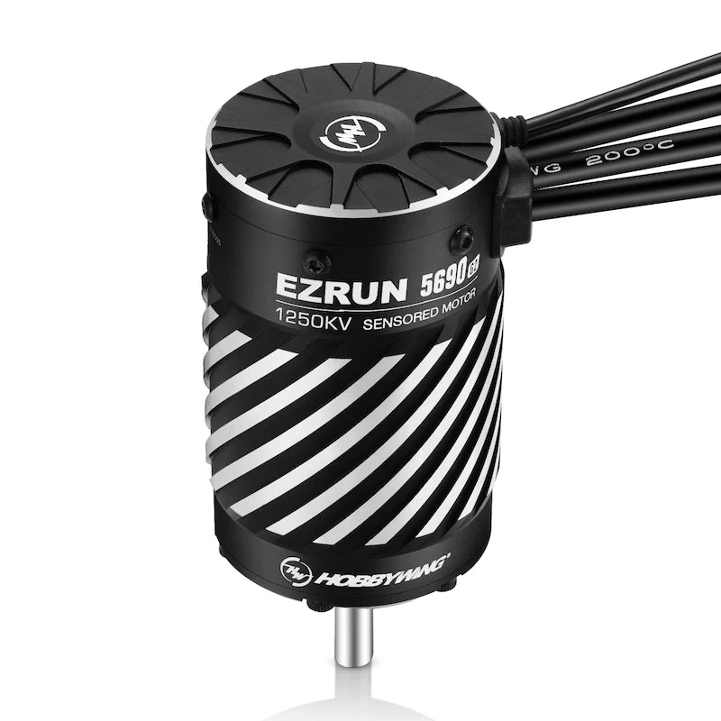 Hobbywing EZRUN 5690 G2 1250KV sensored brushless RC motor with black striped can and attached wires