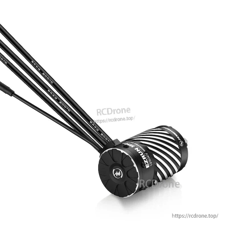 Hobbywing EZRUN brushless RC motor with black and white striped can and three heavy-gauge motor wires